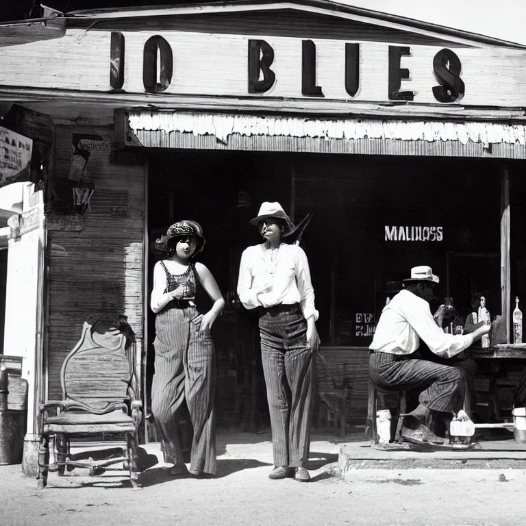 Vintage scene outside rustic "IO BLUES" bar with two individuals and seated person.