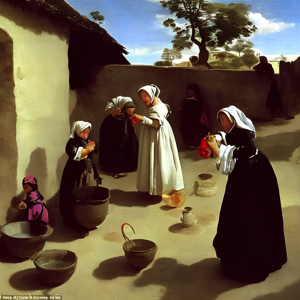 17th-Century Painting: Women in Traditional Dress Performing Tasks with Pottery in Courtyard