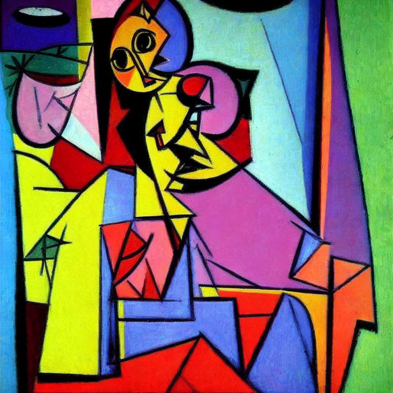 Colorful Cubist Painting of Fragmented Figure with Round Object