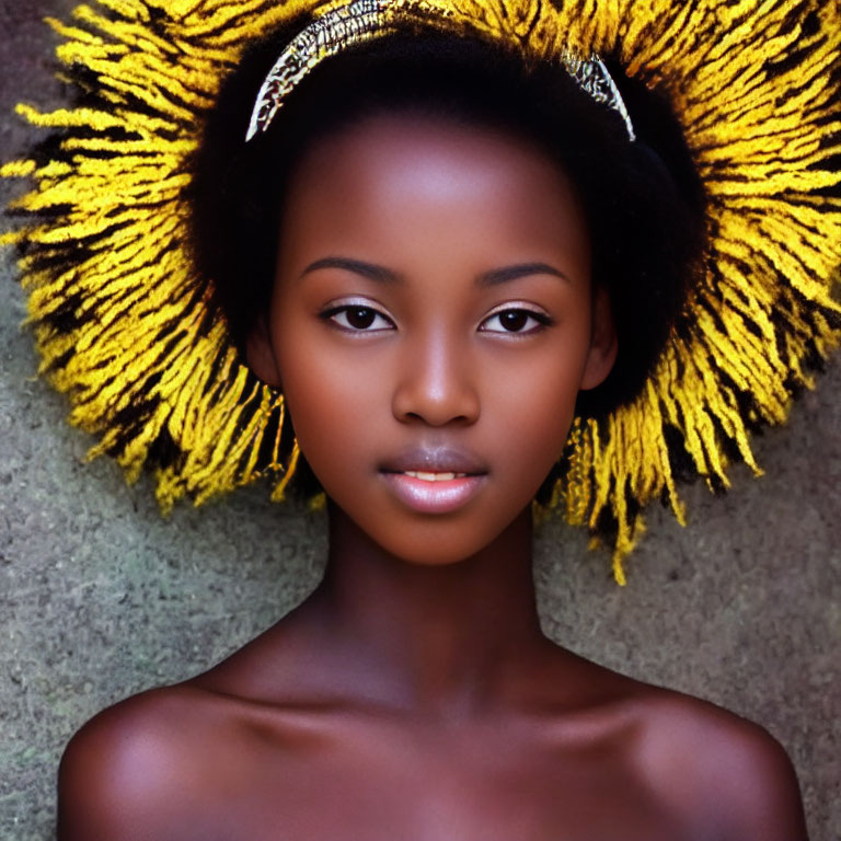 Striking woman in yellow headpiece against muted background