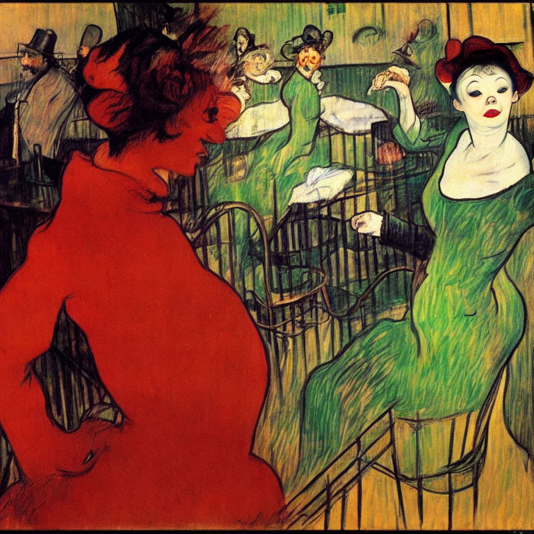 Colorful painting of two women in red and green with café background.