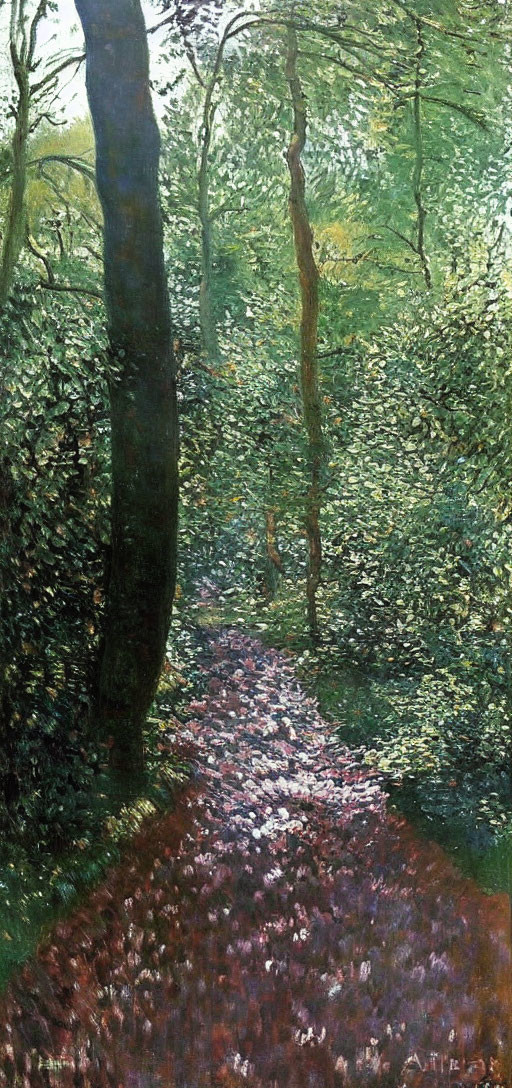 Sunlit Forest Path Painting with Impressionistic Style