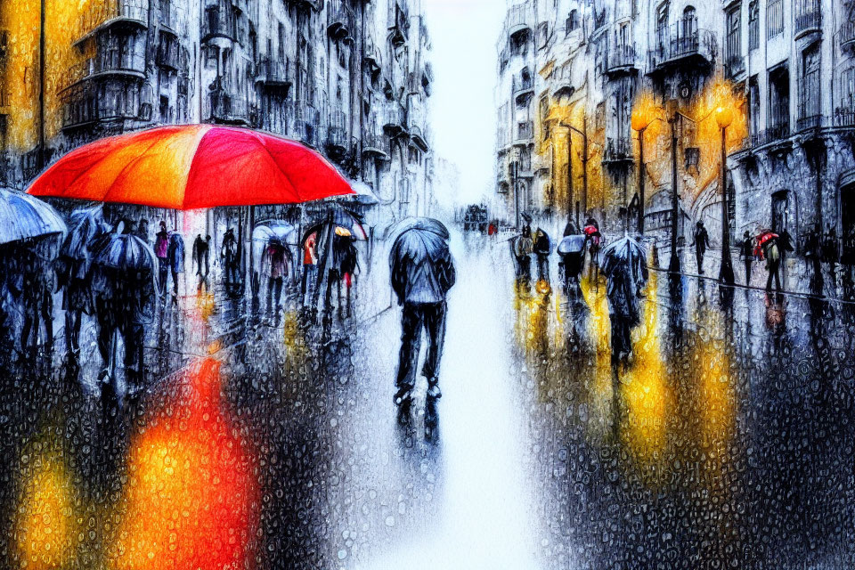 Pedestrians with umbrellas on rain-soaked city street, featuring reflections and a red umbrella.