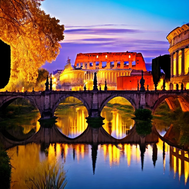 Illuminated Colosseum and Ponte Sant'Angelo at Twilight