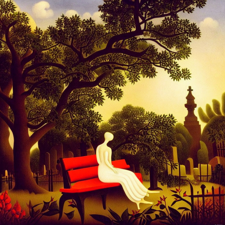 Stylized artwork of person in white dress on red bench in serene garden setting