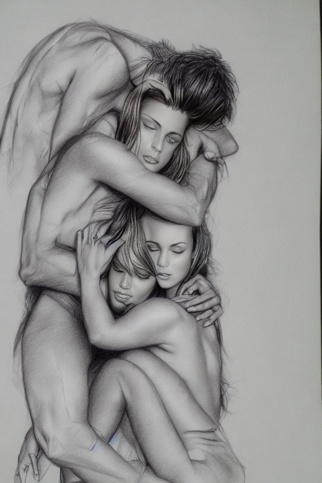 Detailed pencil drawing of three intertwined figures with muscular anatomy, evoking unity and emotion.