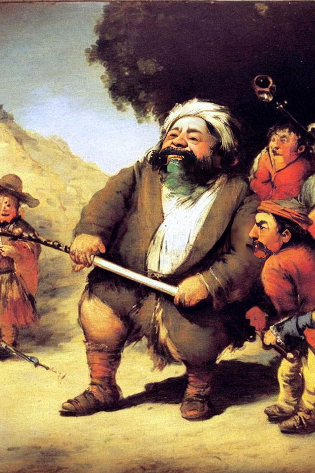 Historical-themed artwork featuring bearded man playing flute with child and observer