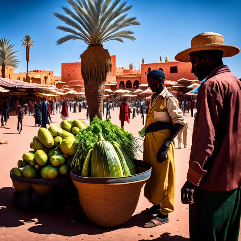 Vibrant market scene with two men and green melons under sunlight