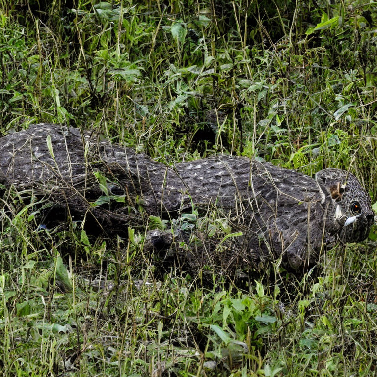 Wooden log disguised as leopard in lush green foliage