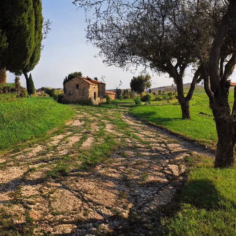 Rustic stone house with cobblestone path, olive trees, and clear sky