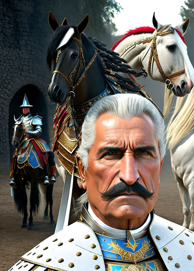 Digital artwork of senior military officer in blue armor with white hair and mustache