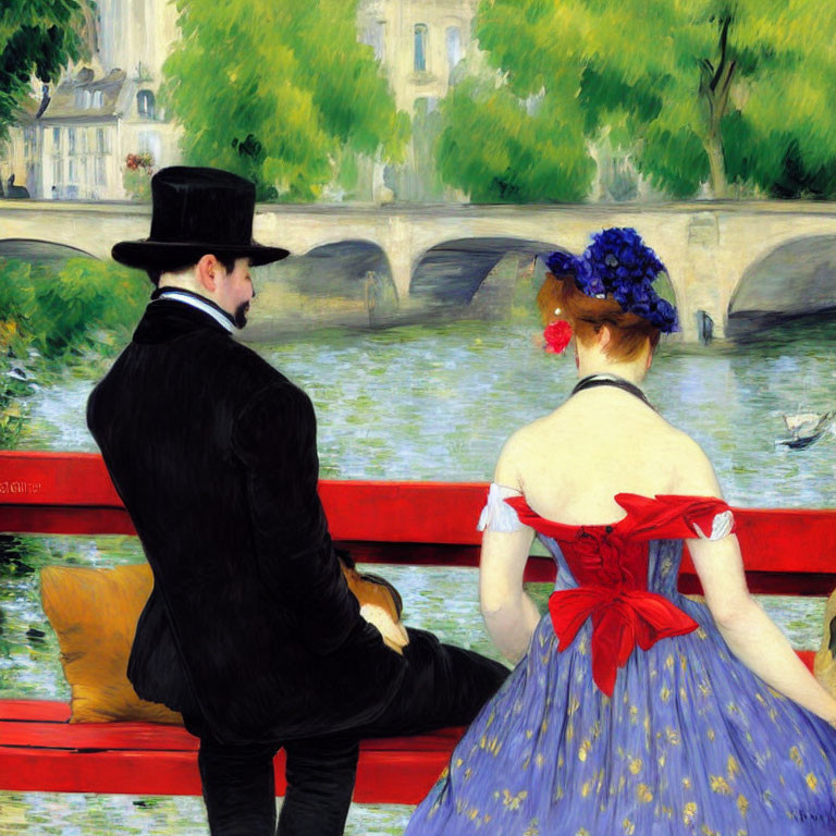 Man and woman in formal attire on red bench by river with swans and bridge