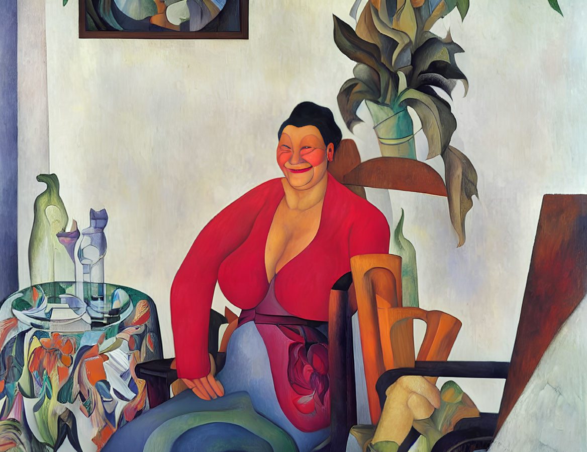 Colorful painting of smiling woman with red blouse and table with plant and wine glasses