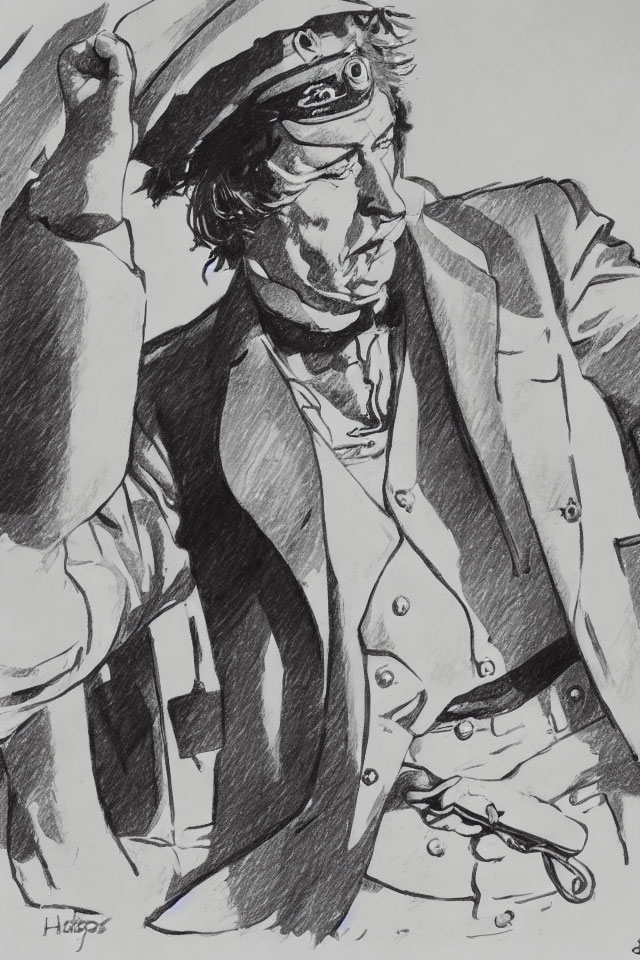 Monochrome sketch of man in bandana, suit, vest, with raised cane