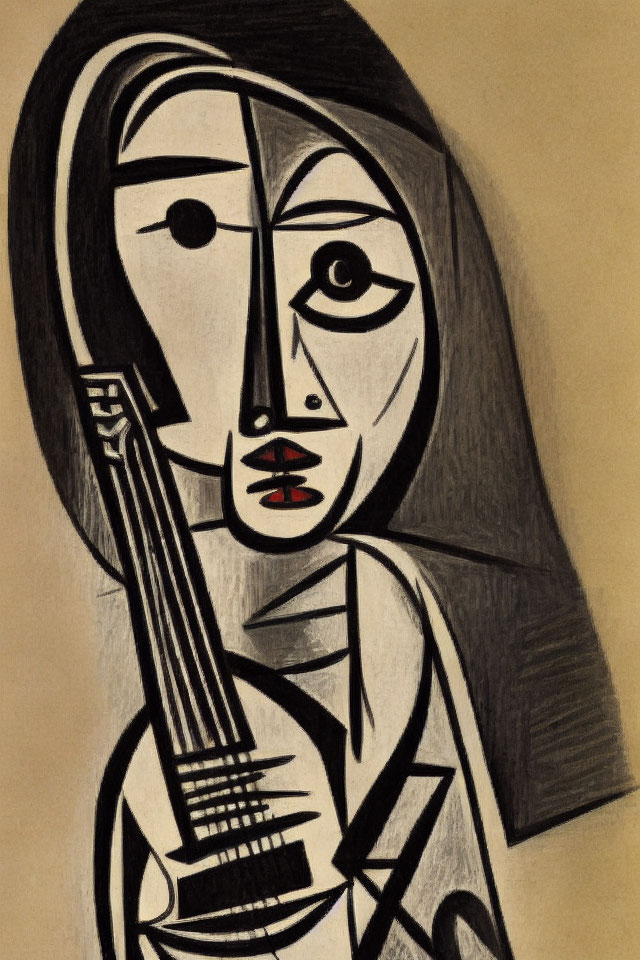 Abstract Cubist Painting of Figure with Guitar in Monochromatic Palette