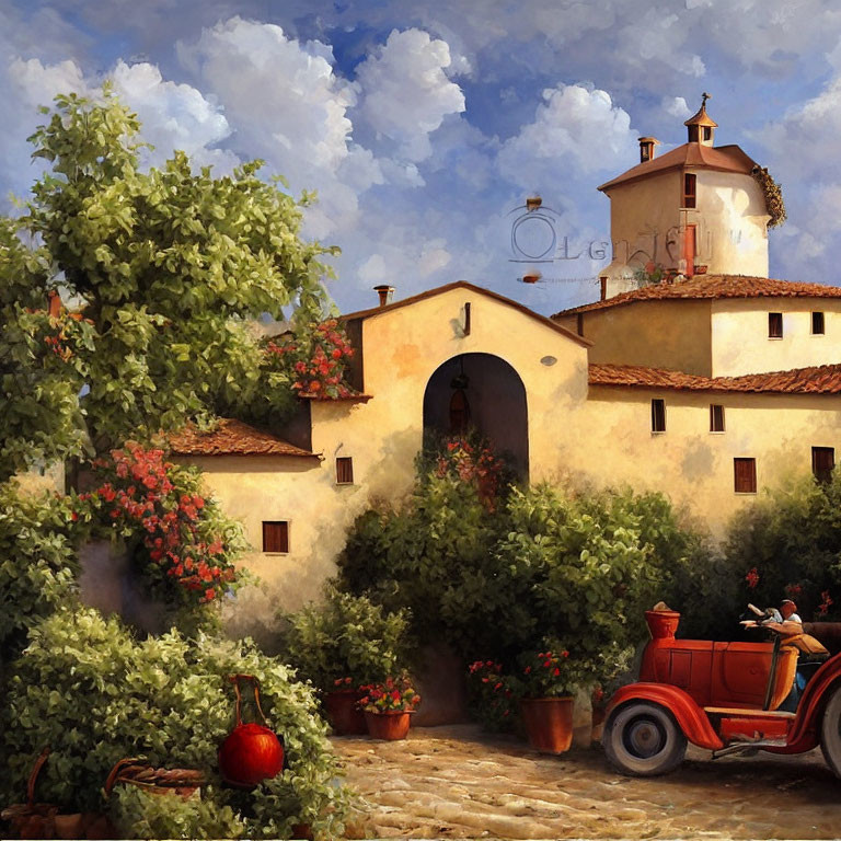 Vintage car in front of rustic houses and lush greenery under clear blue sky