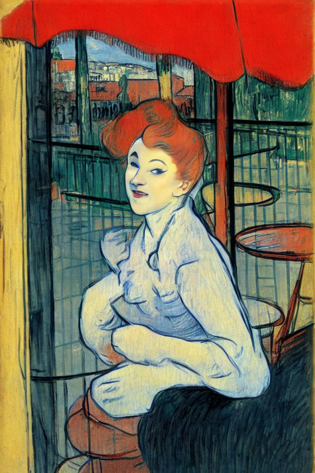 Red-haired woman sitting under red awning in post-impressionistic style