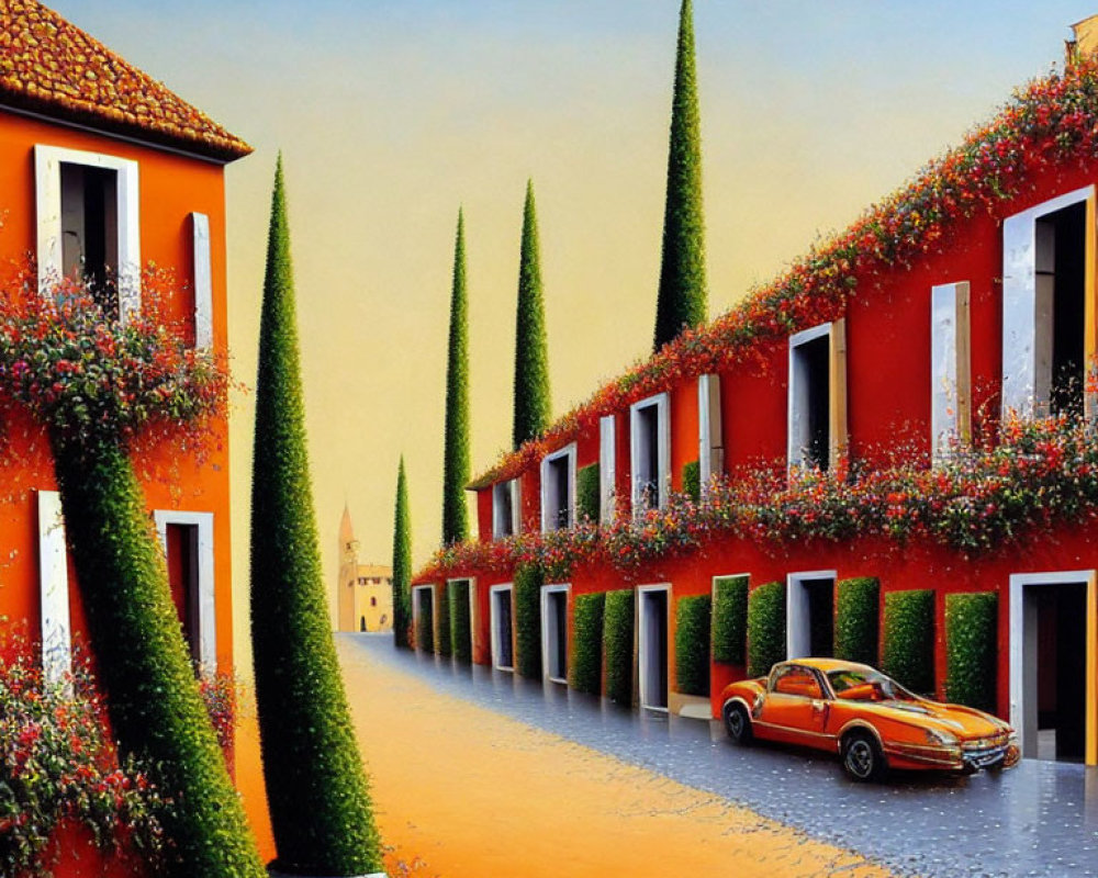 Colorful street scene with orange buildings, green trees, red flowers, and yellow car