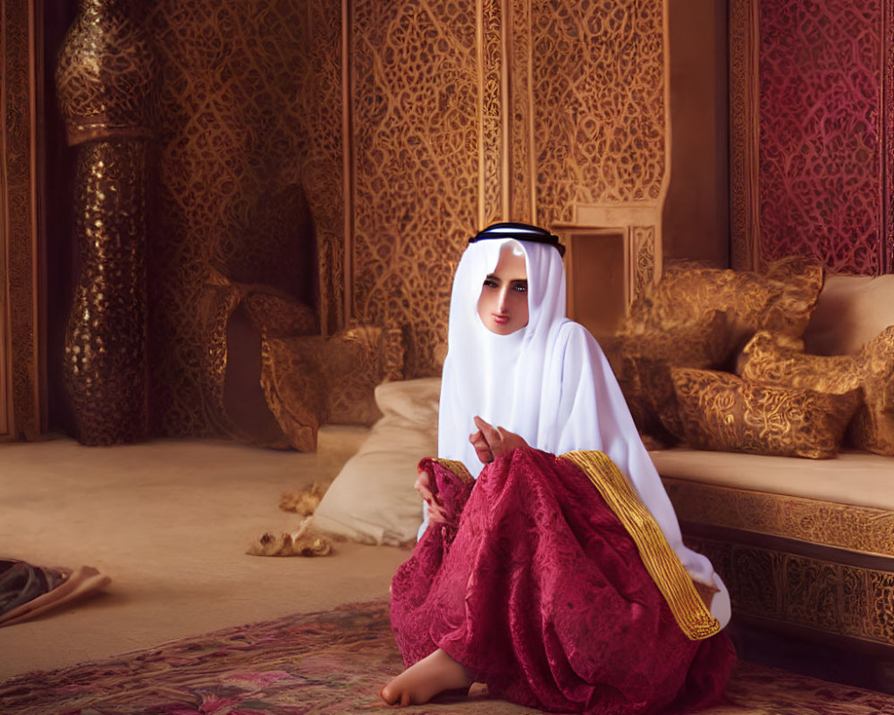 Woman in white hijab and burgundy dress in ornate room with golden accents