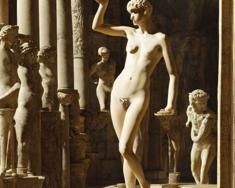 Ancient-inspired woman statue in a pool amid columns and sculptures