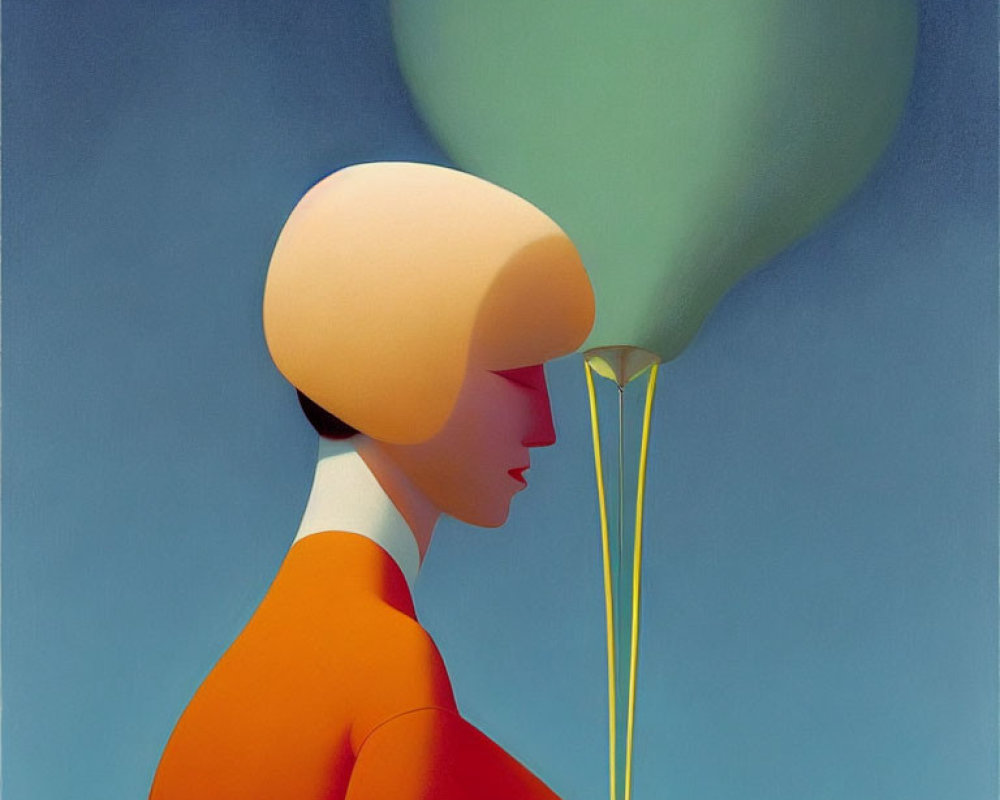 Profile painting of person with peach head, red-orange body, holding green balloon.