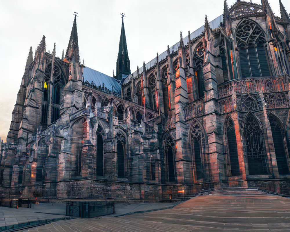 Gothic Cathedral with Intricate Facades and Spires at Twilight