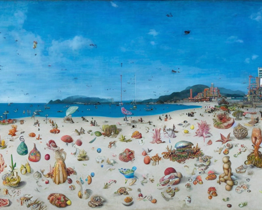 Colorful Beach Scene with Marine Life, People, Boats, and Cityscape