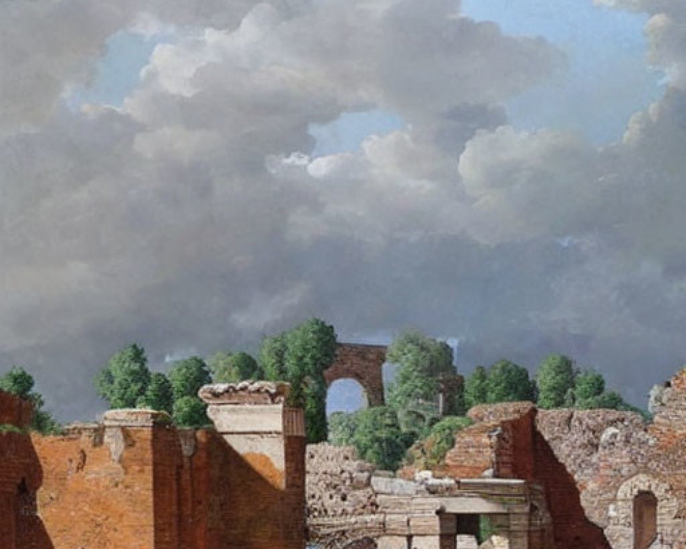 Ancient ruins with crumbling walls and broken columns under a sky with soft clouds