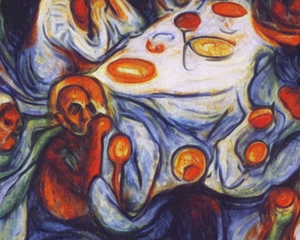 Abstract painting of figures at a table in red and blue tones conveying agitation.