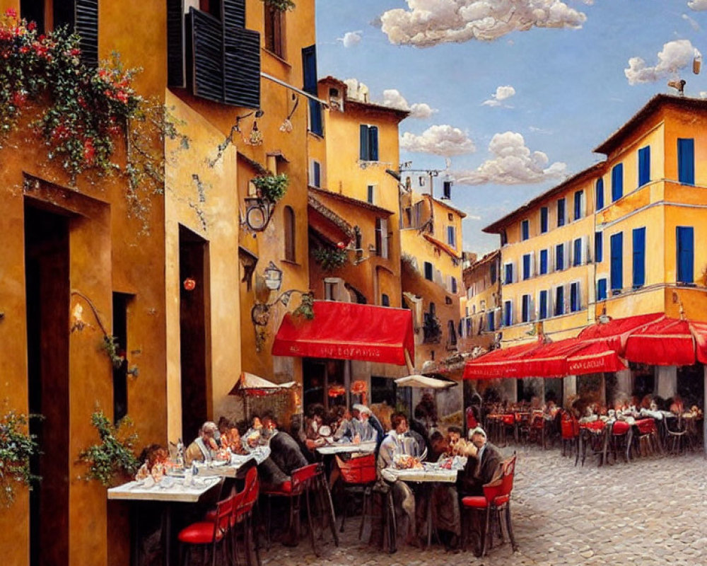 Colorful street painting of people dining under red umbrellas on cobblestone plaza