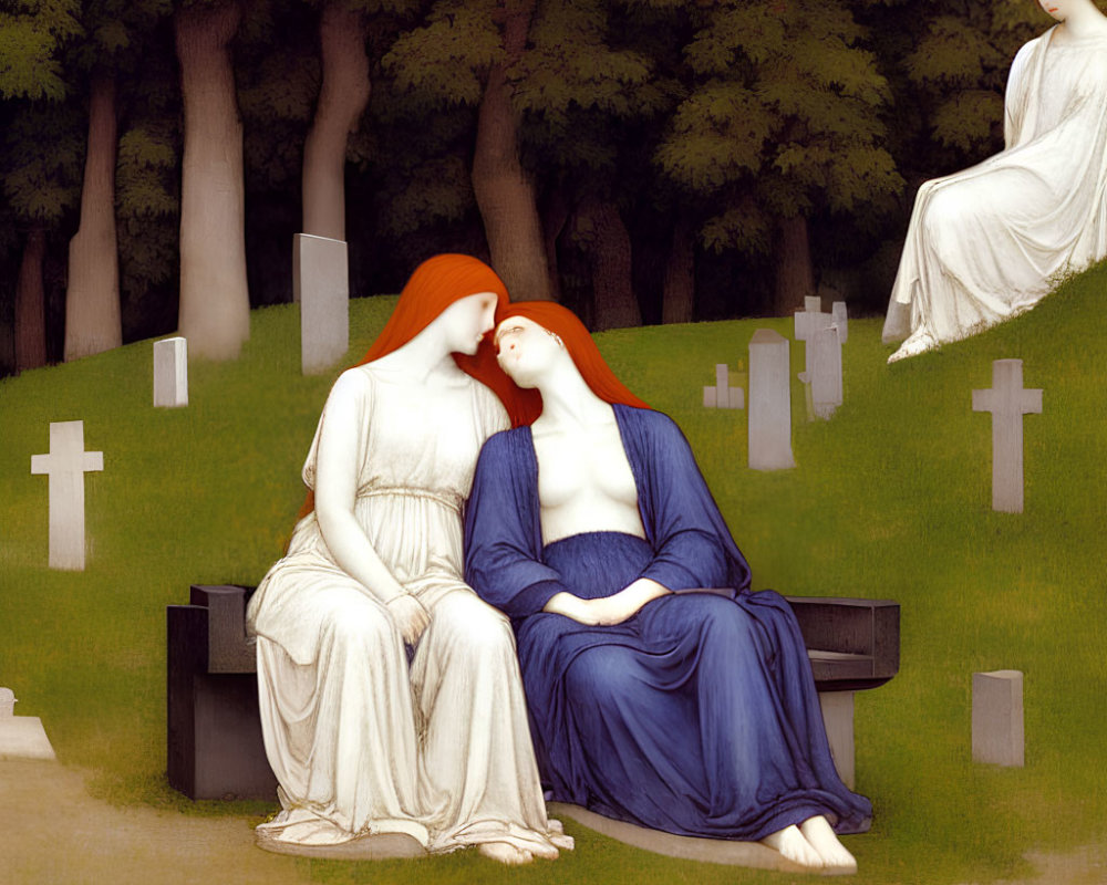 Three women in flowing robes at tranquil cemetery bench