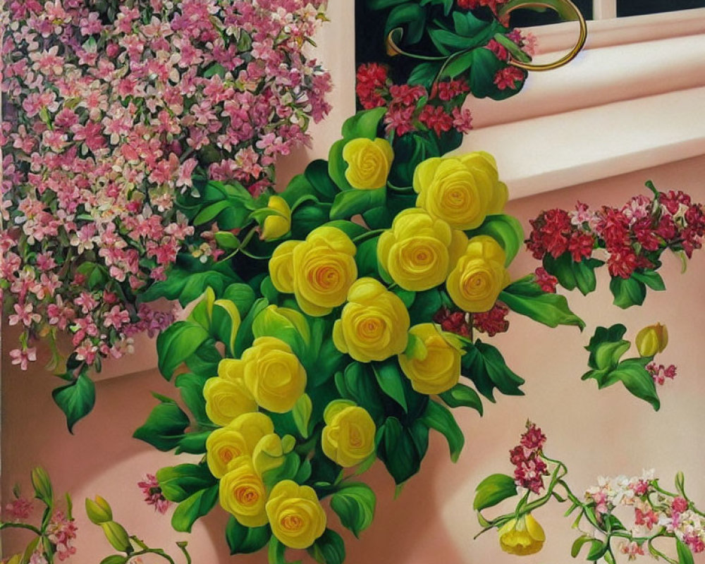 Colorful Painting: Yellow Roses and Pink Flowers on Pink Wall with Golden Window Handles