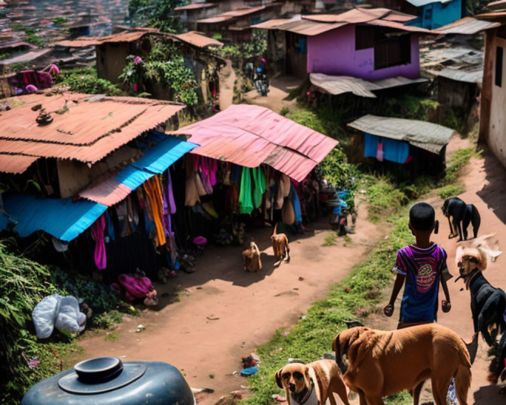 Crowded hillside slum with colorful roofs, hanging laundry, residents, and stray dogs in litter