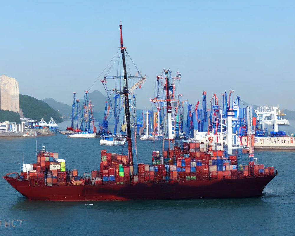 Red cargo ship with colorful containers in busy port with cranes