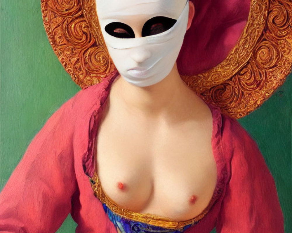 Digitally altered classic painting with female subject in white mask and gold halo