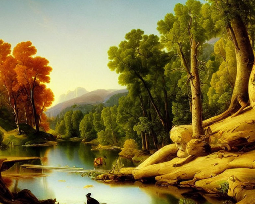 Tranquil landscape painting: lush trees, serene lake, crow, mountains, warm golden sky