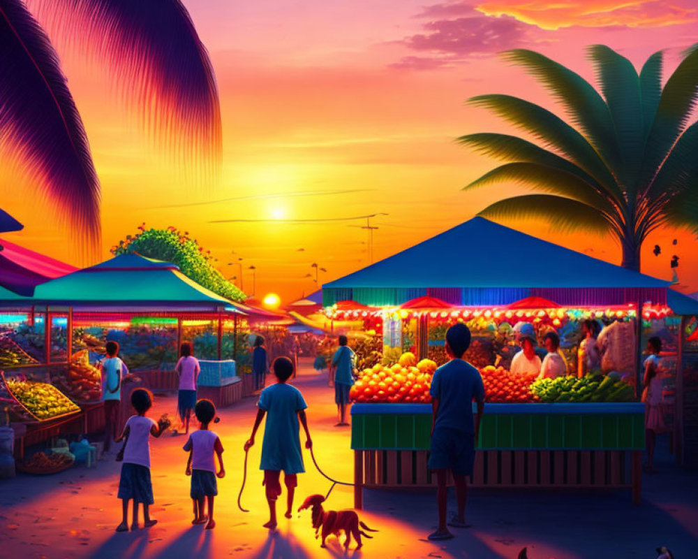 Colorful Sunset Over Bustling Market with Fresh Produce Stalls, Shoppers, and Dogs