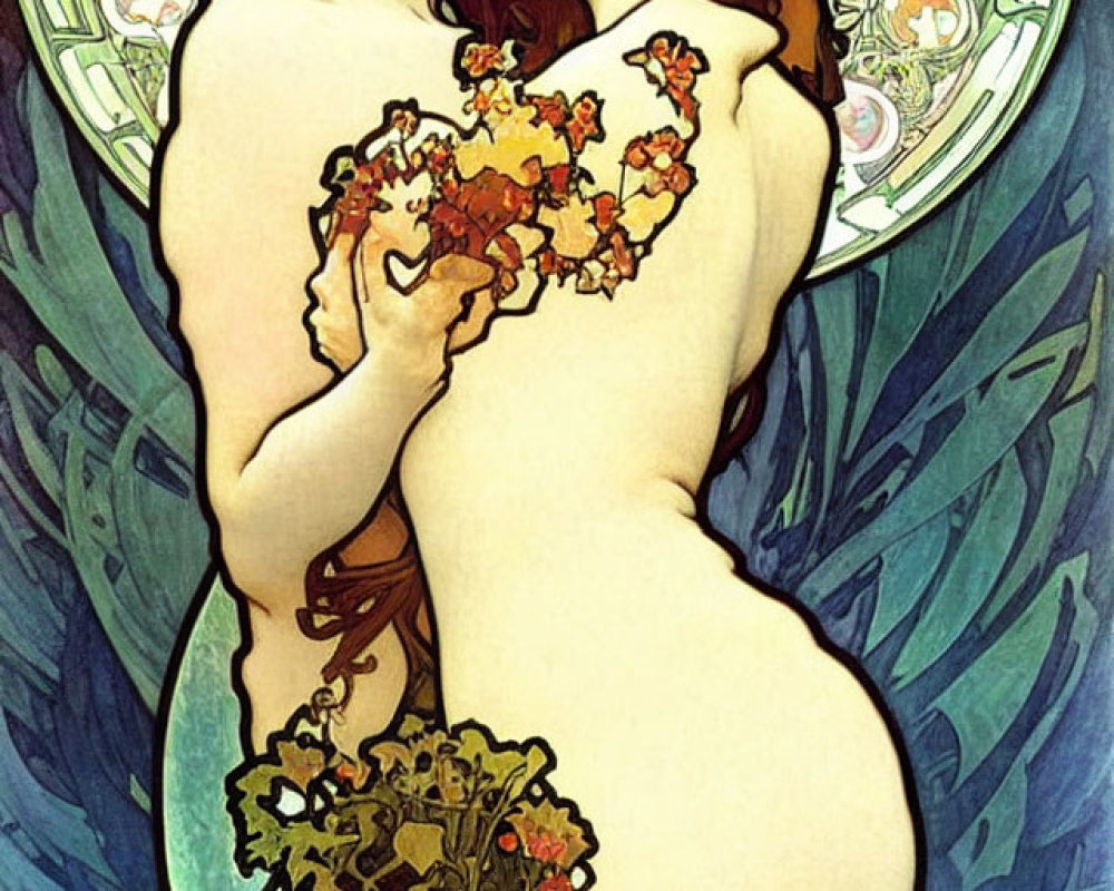 Intimate embrace of two feminine figures in Art Nouveau style