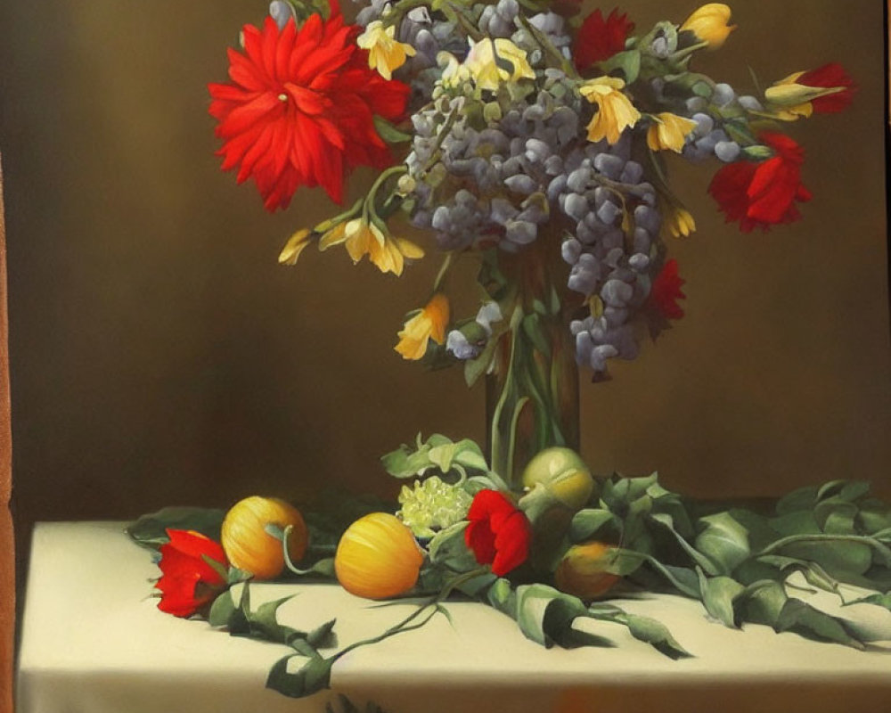 Vase with Red Flowers, Yellow Blooms, and Blue Grapes Still-Life Painting