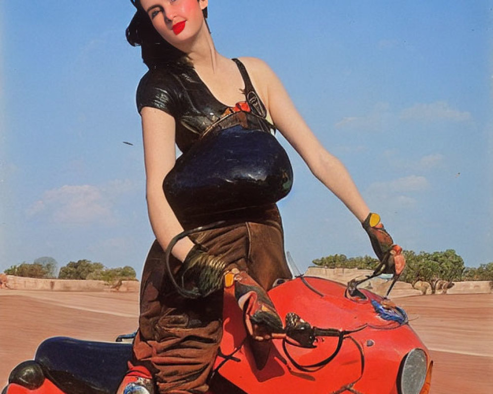 Person posing with red motorcycle in black top and brown trousers against blue sky