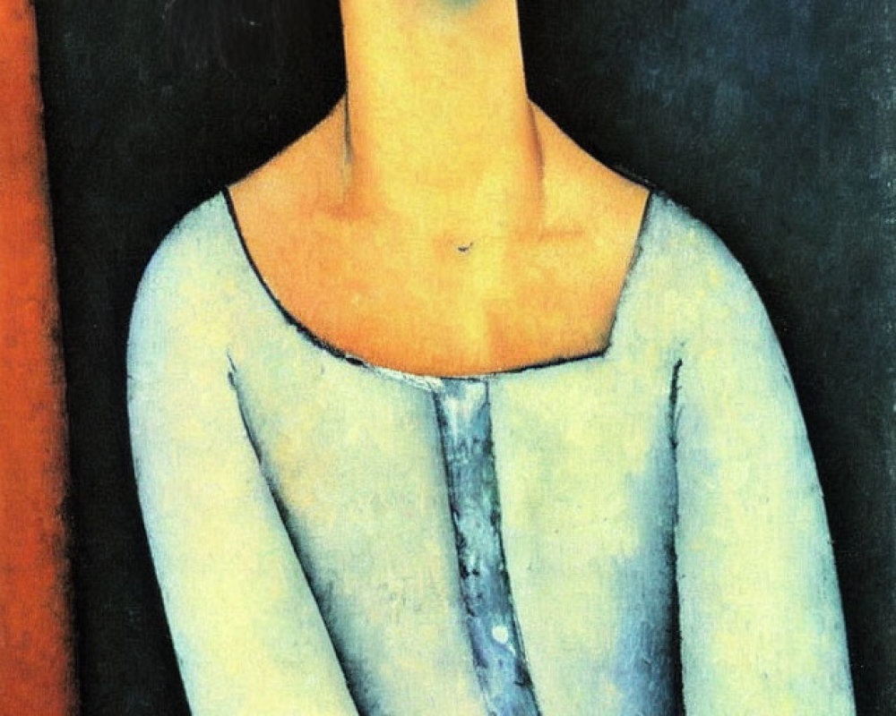 Stylized portrait of woman with elongated face and dark hair