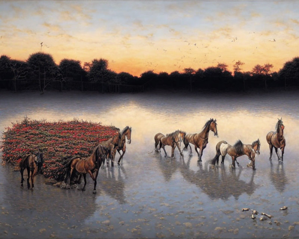 Herd of horses at water body under twilight sky with red flowers and trees