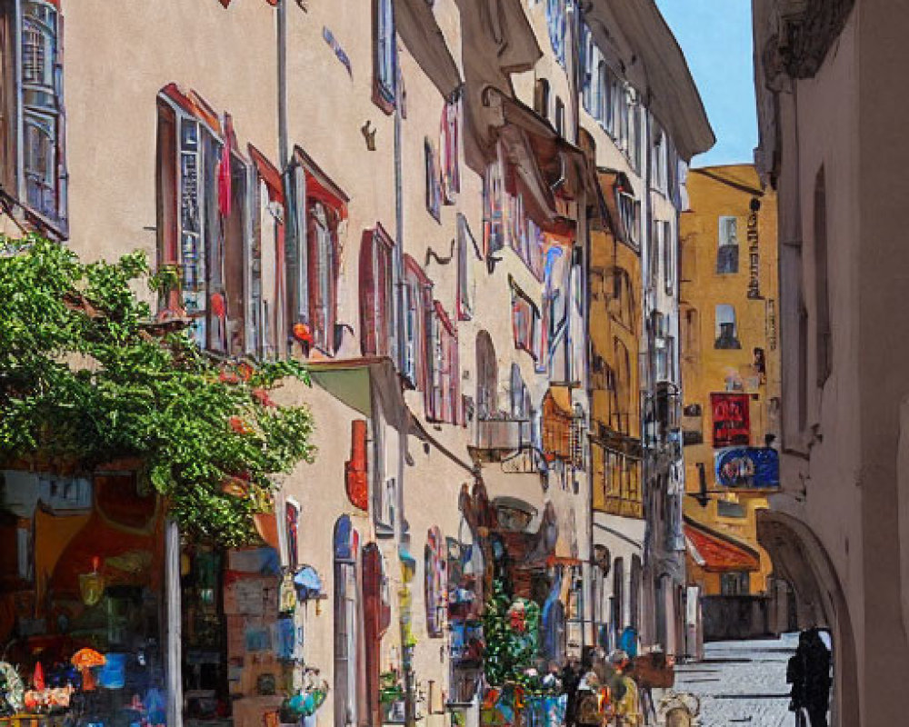 Colorful European Street with Shops, Red Sculpture, and People Walking