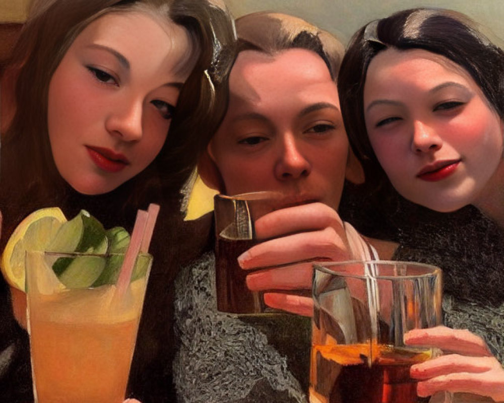 Three people posing with drinks in stylized, painterly effect.