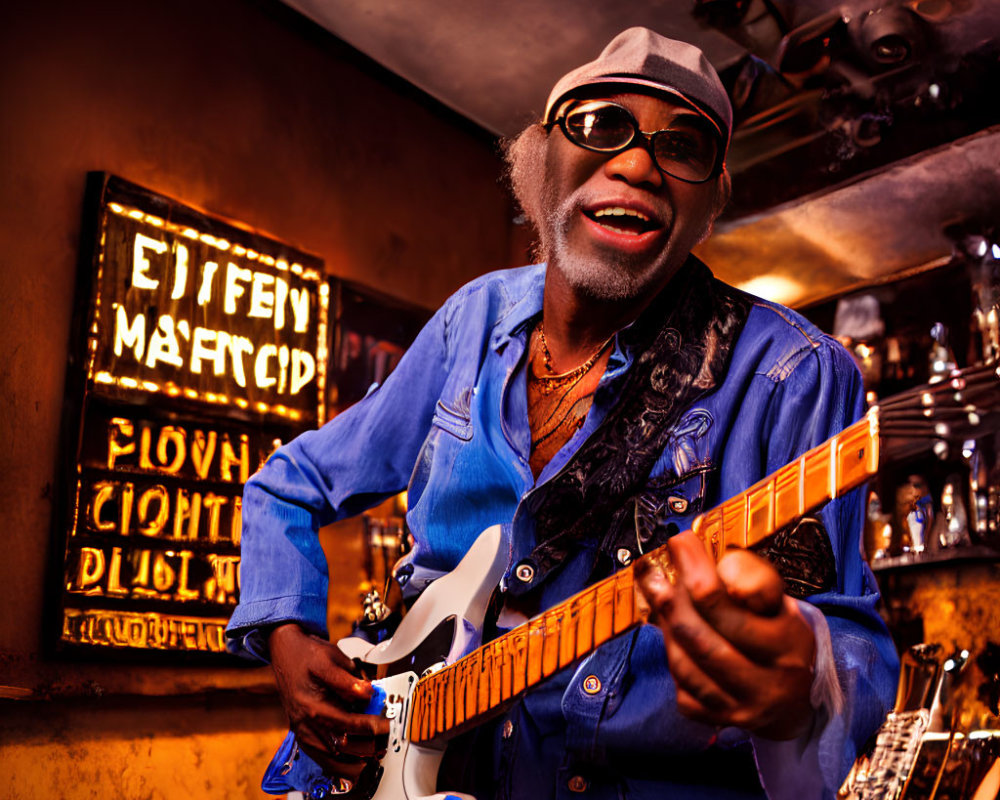 Smiling guitarist in hat and shades playing blue electric guitar in warmly lit room