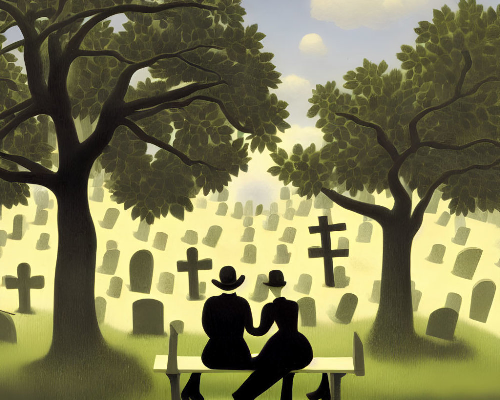 Silhouetted figures on bench in serene cemetery with trees and tombstones