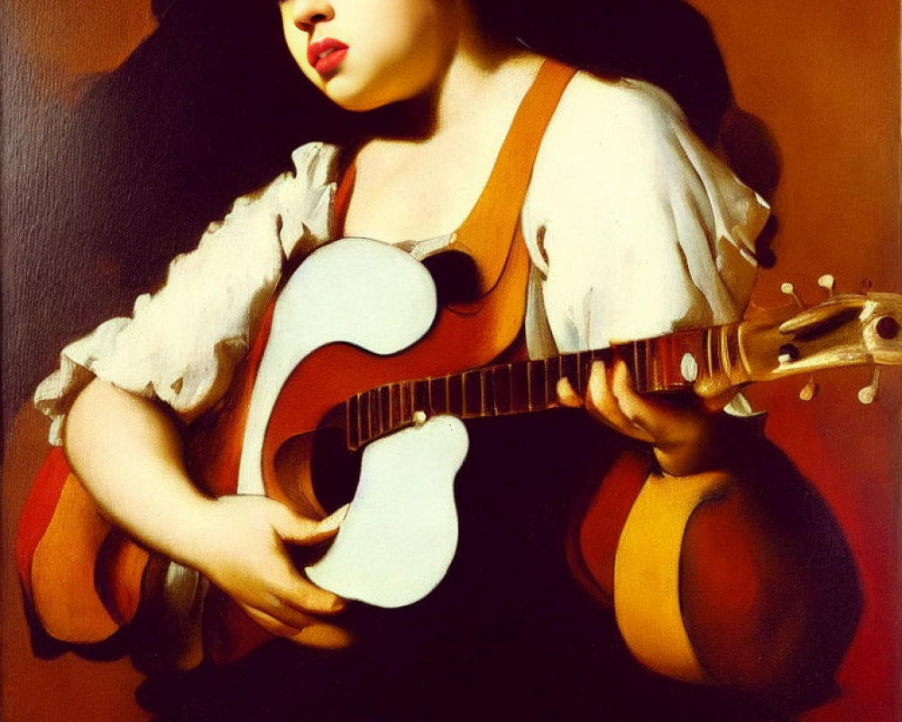 Baroque-style painting of woman in red dress with white sleeves holding guitar