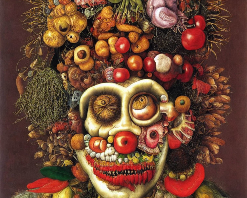 Surreal portrait: fruits, vegetables, and meats create facial features on a dark background