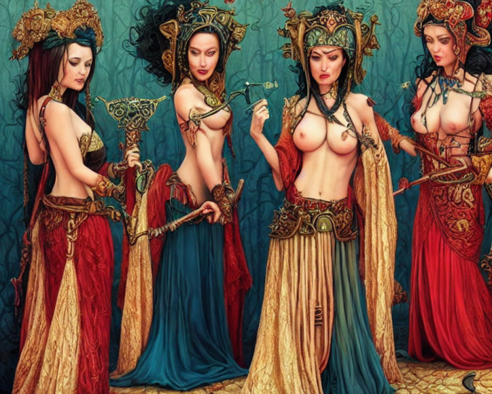 Four stylized fantasy women in ornate crowns and richly colored garments against intricate backdrop