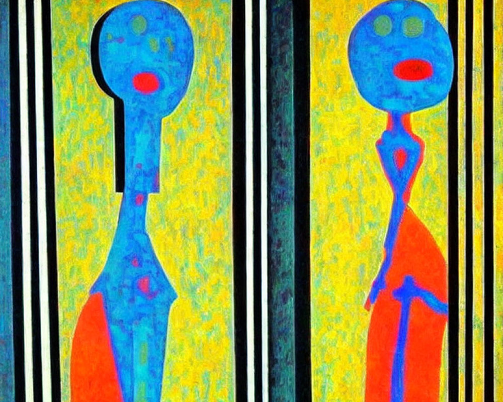 Colorful Abstract Artwork: Two Stylized Figures on Patterned Background